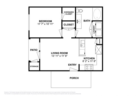 Floor plan for 1 bed, 1 bath, 627 sqft