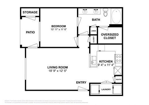 Floor plan for 1 bed, 1 bath, 711 sqft