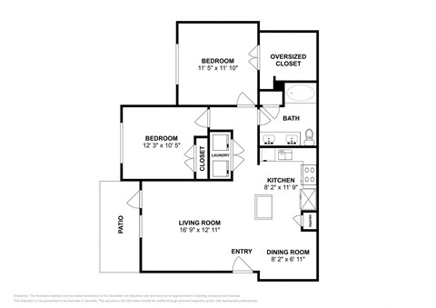 Floor plan for 2 beds, 1 bath, 923 sqft
