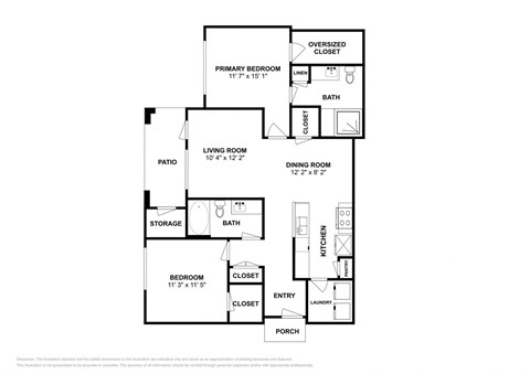 Floor plan for 2 beds, 2 baths, 1056 sqft