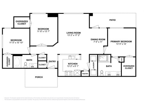 Floor plan for 3 beds, 2 baths, 1365 sqft