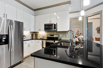 Black galaxy granite countertops in kitchen & bath