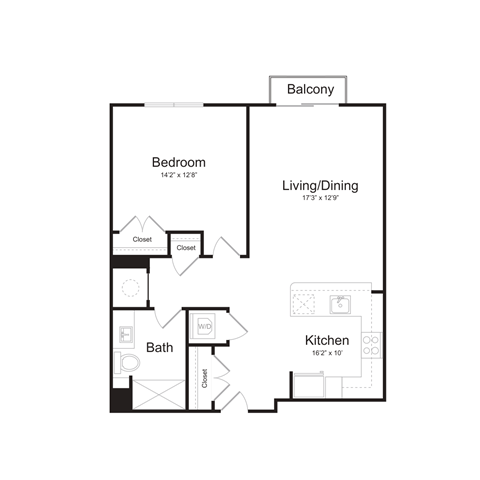 Floor plan for 1 bed, 1 bath, 773 sqft