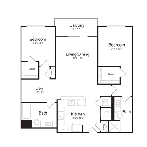 Floor plan for 2 beds, 2 baths, 1122 sqft