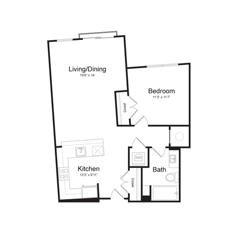 Floor plan for 1 bed, 1 bath, 716 sqft