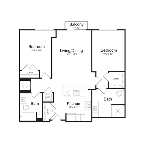 Floor plan for 2 beds, 2 baths, 1017 sqft