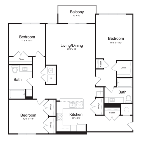 Floor plan for 3 beds, 2 baths, 1528 sqft