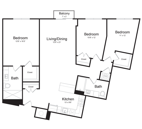 Floor plan for 3 beds, 2 baths, 1398 sqft