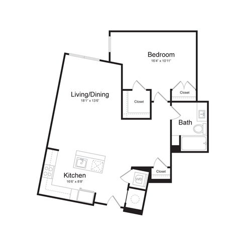 Floor plan for 1 bed, 1 bath, 836 sqft