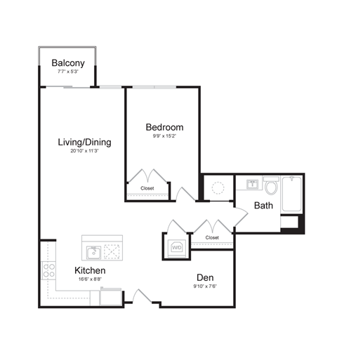 Floor plan for 1 bed, 1 bath, 848 sqft