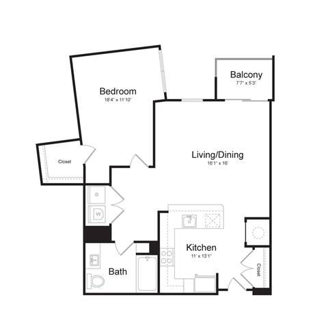 Floor plan for 1 bed, 1 bath, 859 sqft