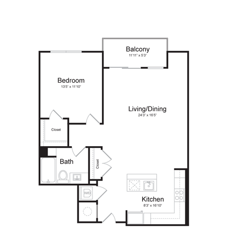 Floor plan for 1 bed, 1 bath, 874 sqft