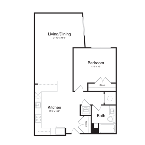 Floor plan for 1 bed, 1 bath, 878 sqft