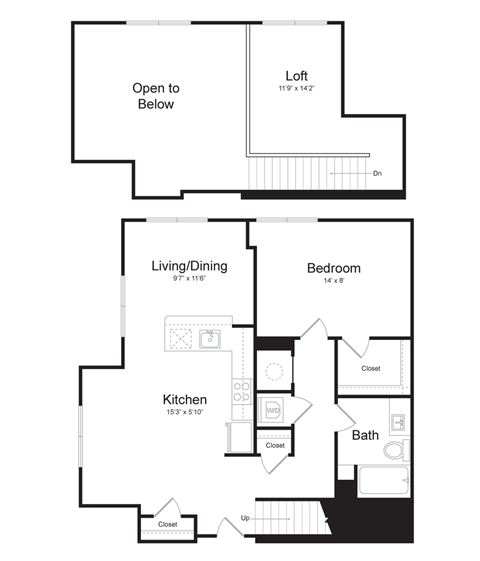 Floor plan for 1 bed, 1 bath, 887 sqft
