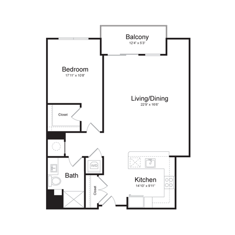 Floor plan for 1 bed, 1 bath, 908 sqft