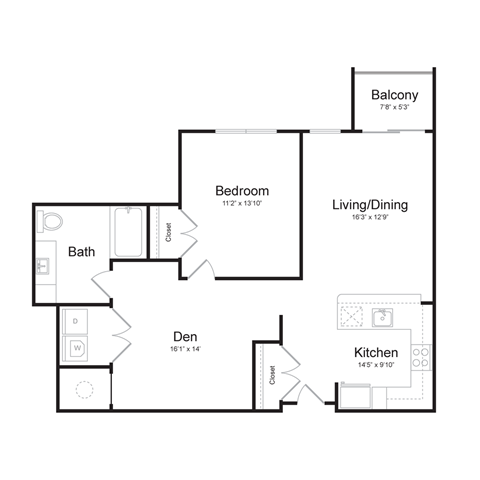 Floor plan for 1 bed, 1 bath, 935 sqft