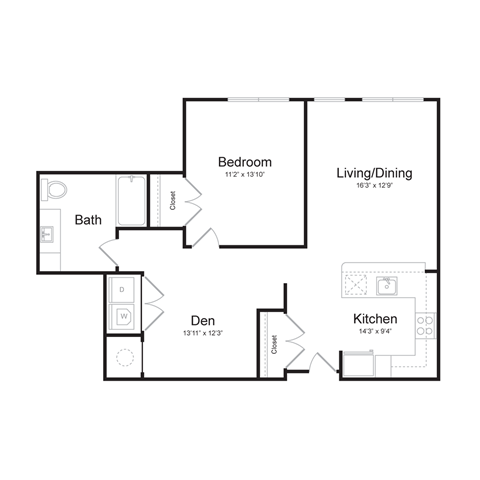 Floor plan for 1 bed, 1 bath, 932 sqft