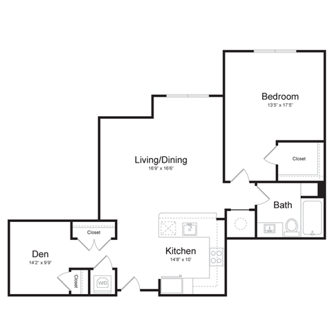 Floor plan for 1 bed, 1 bath, 941 sqft
