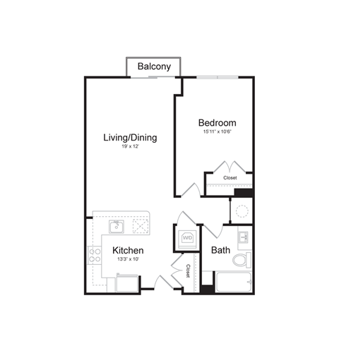 Floor plan for 1 bed, 1 bath, 710 sqft