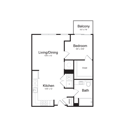 Floor plan for 1 bed, 1 bath, 654 sqft