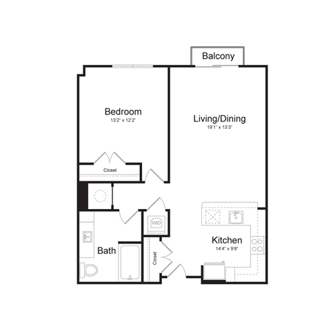Floor plan for 1 bed, 1 bath, 787 sqft