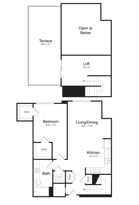 Floor plan for 1 bed, 1 bath, 818 sqft