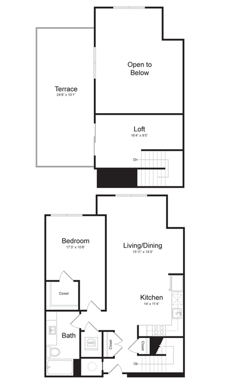 Floor plan for 1 bed, 1 bath, 821 sqft