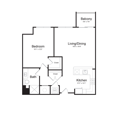 Floor plan for 1 bed, 1 bath, 831 sqft