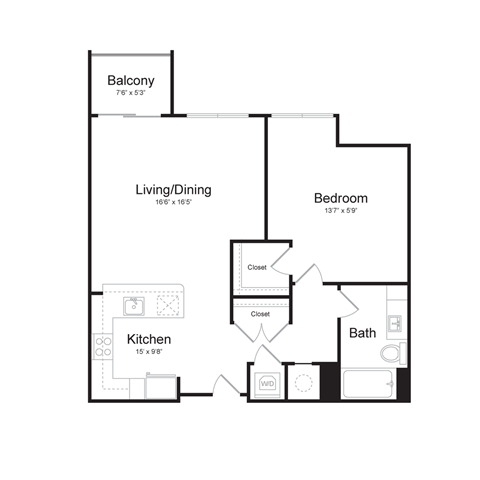 Floor plan for 1 bed, 1 bath, 833 sqft