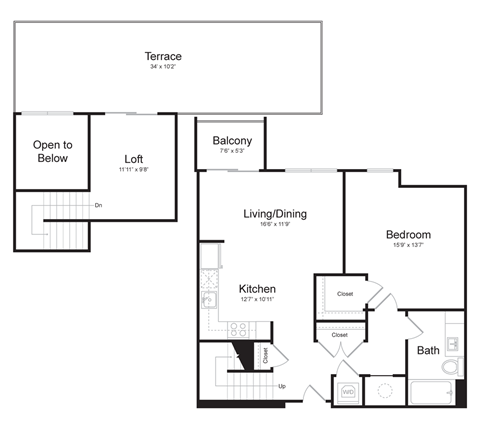 Floor plan for 1 bed, 1 bath, 833 sqft