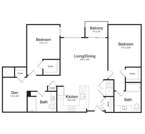 Floor plan for 2 beds, 2 baths, 1294 sqft