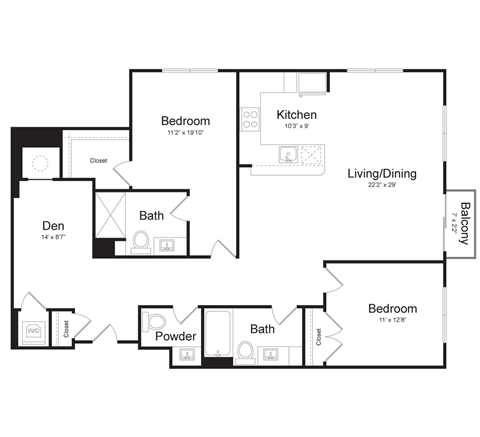 Floor plan for 2 beds, 2.5 baths, 1408 sqft