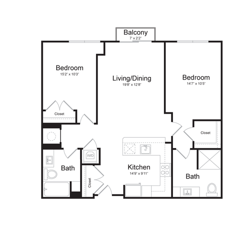 Floor plan for 2 beds, 2 baths, 1034 sqft