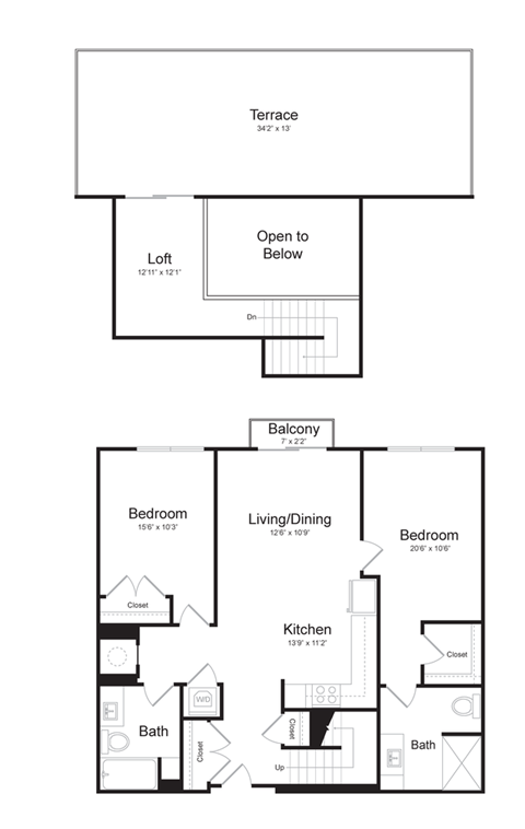 Floor plan for 2 beds, 2 baths, 1170 sqft