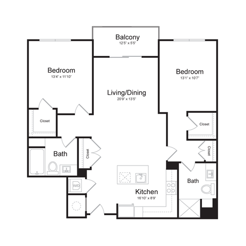 Floor plan for 2 beds, 2 baths, 1102 sqft