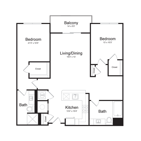 Floor plan for 2 beds, 2 baths, 1132 sqft