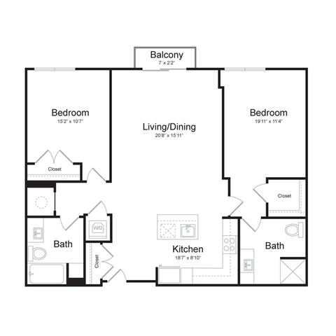 Floor plan for 2 beds, 2 baths, 1150 sqft