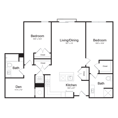 Floor plan for 2 beds, 2 baths, 1156 sqft