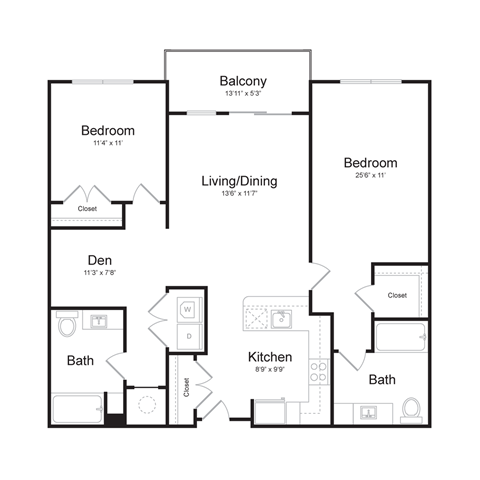 Floor plan for 2 beds, 2 baths, 1196 sqft