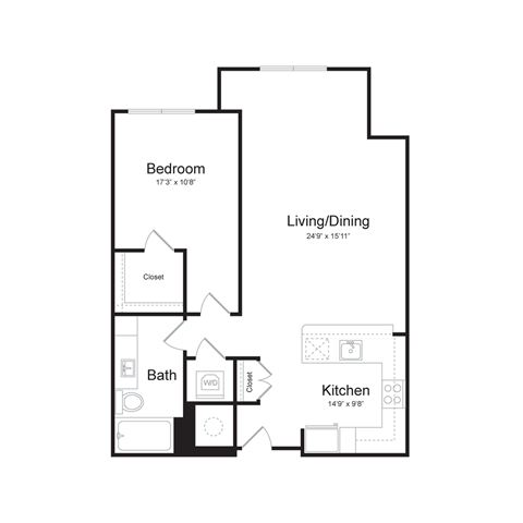 Floor plan for 1 bed, 1 bath, 821 sqft