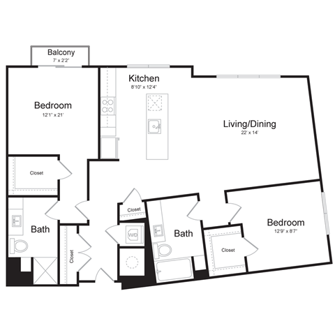 Floor plan for 2 beds, 2 baths, 1210 sqft