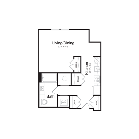 Floor plan for studio, 1 bath, 544 sqft