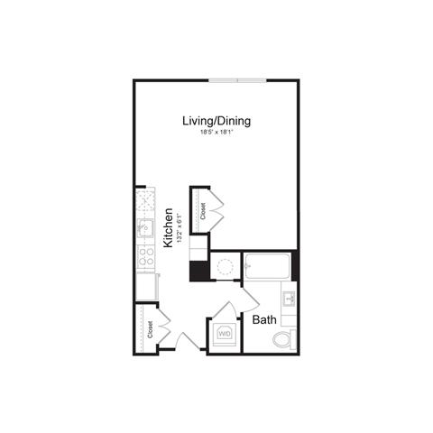 Floor plan for studio, 1 bath, 569 sqft
