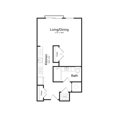 Floor plan for studio, 1 bath, 582 sqft