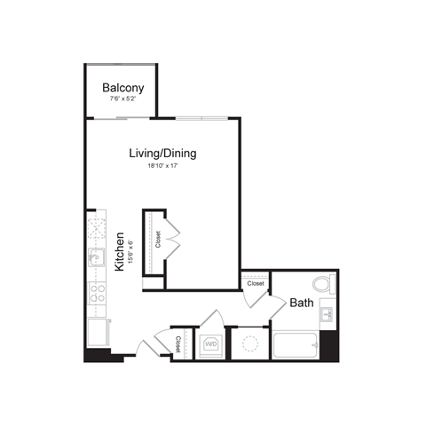 Floor plan for studio, 1 bath, 588 sqft