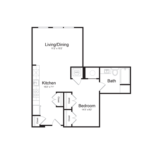 Floor plan for studio, 1 bath, 657 sqft