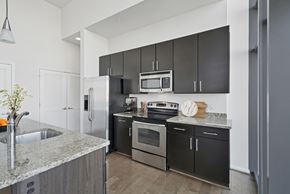 Arlington apartment for rent - A modern kitchen with black cabinets and stainless steel appliances.