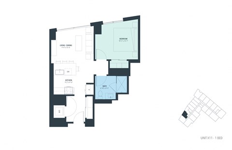 Floor plan for 1 bed, 1 bath, 653 sqft