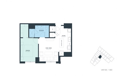 Floor plan for 1 bed, 1 bath, 664 sqft