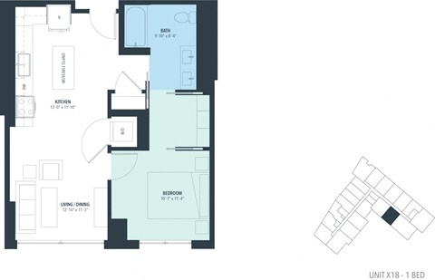 Floor plan for 1 bed, 1 bath, 665 sqft